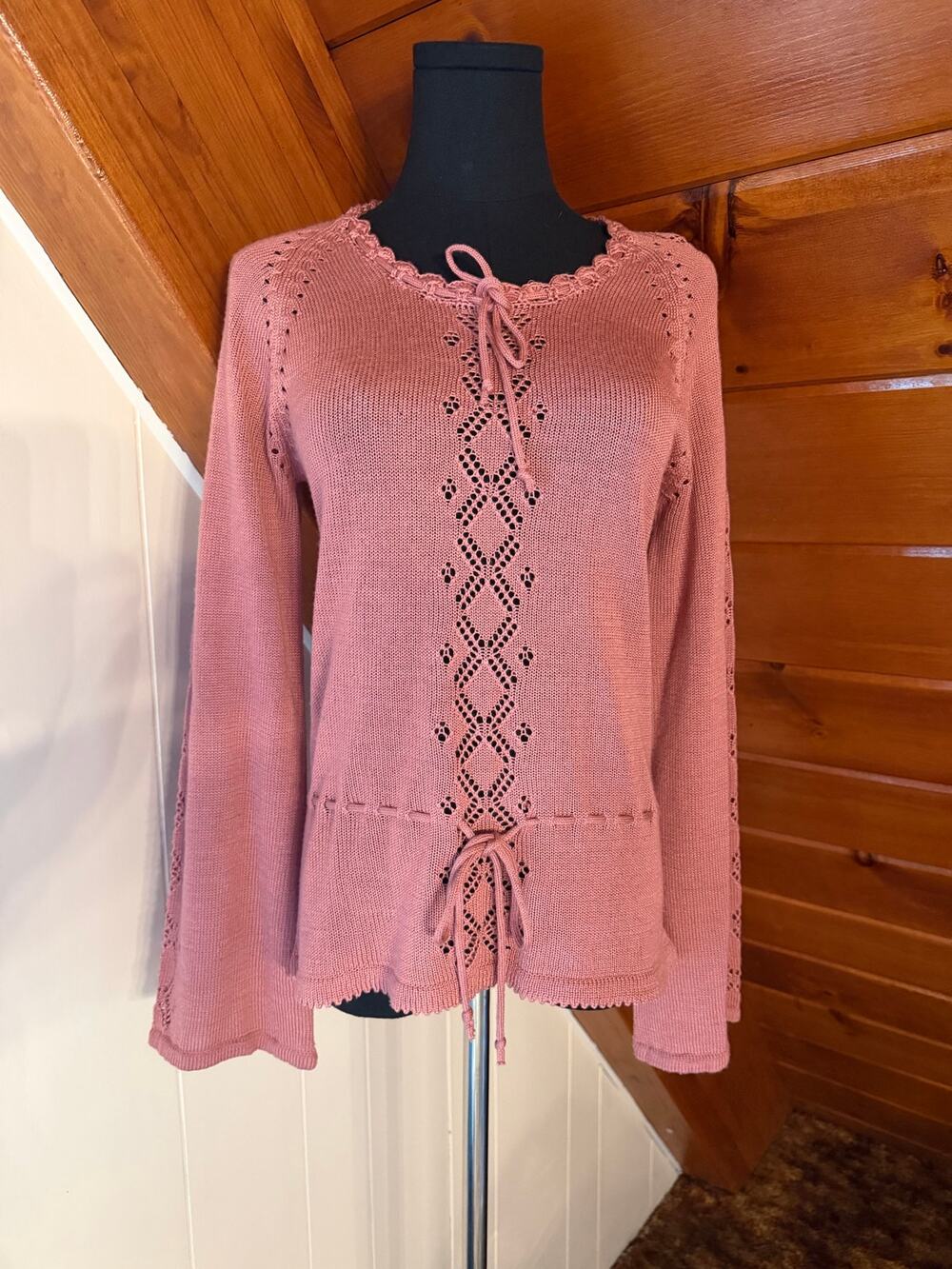 Vintage 70s Bee Wear Pink Open-Knit Lace-Up Bell Sleeve Witchy Boho Sweater szM